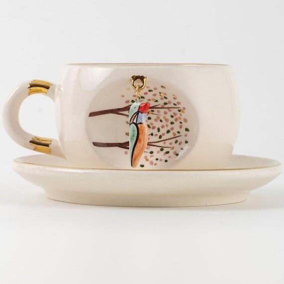 Handmade Ceramic Kingfisher Mug: 24K Gold Det...
