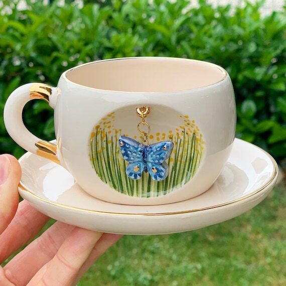 Handmade Ceramic Butterfly Mug: 24K Gold Deta...