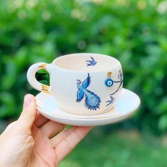 Handmade Ceramic Tea Mug: 24K Gold Phoenix, B...