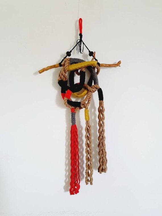 Rustic boho yarn wrapped rope knot wall hangi...