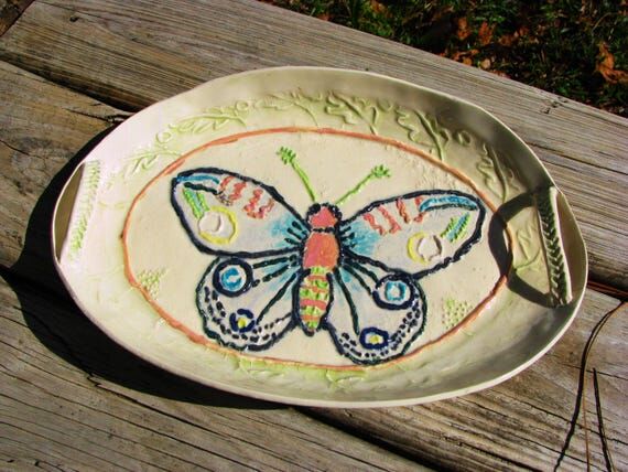 Sculpted Butterfly Stoneware Platter: Colorfu...