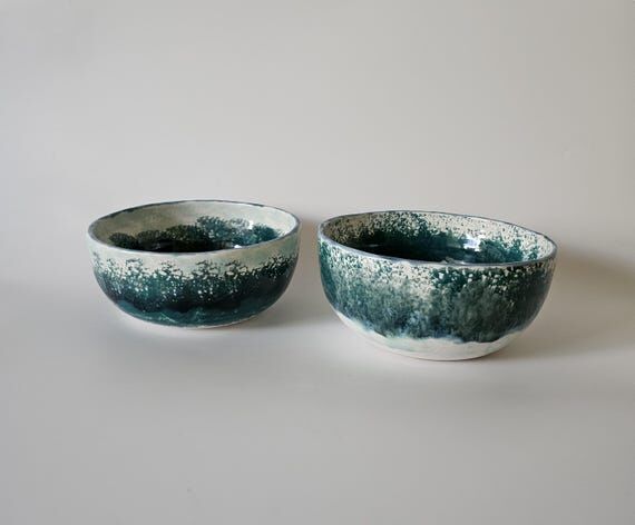 Handmade Ceramic Bowl Set of 2, Blue Green Se...