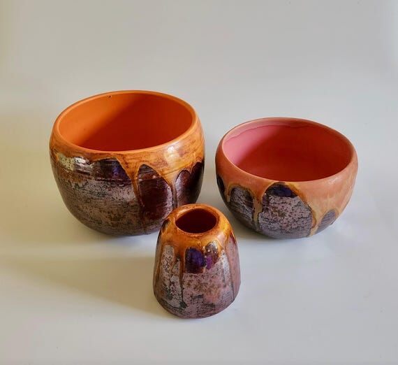 Lava Drip Glazed Decorative Bowl Trio - Wheel...