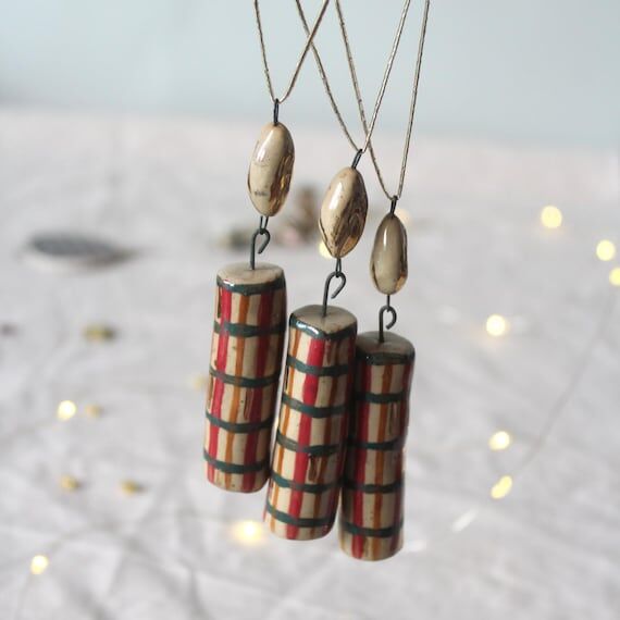 Handmade Ceramic Candle-Shaped Christmas Orna...