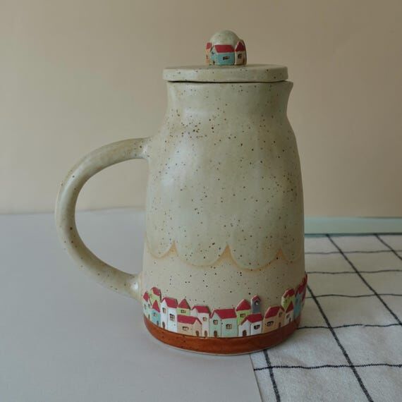 Handmade Ceramic Pitcher, Tiny House & Tree M...
