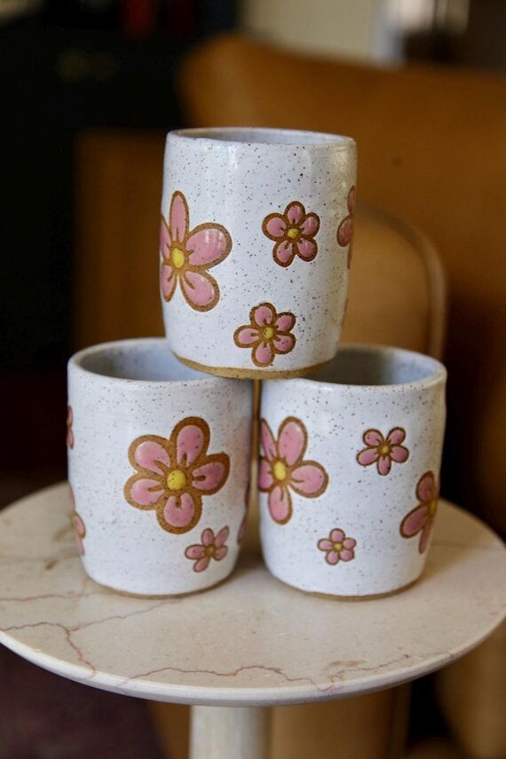Handmade ceramic flower cup tumbler speckle p...