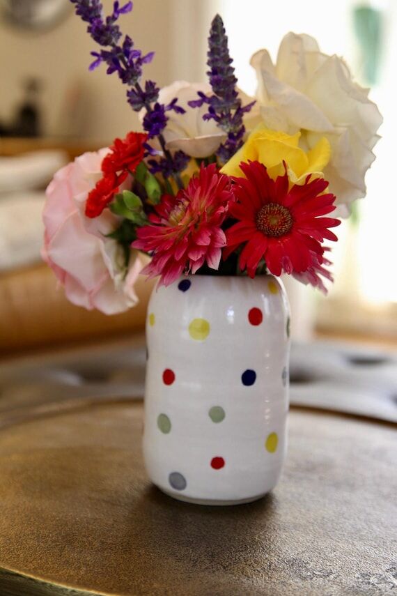 Handmade ceramic colorful polka dot flower va...