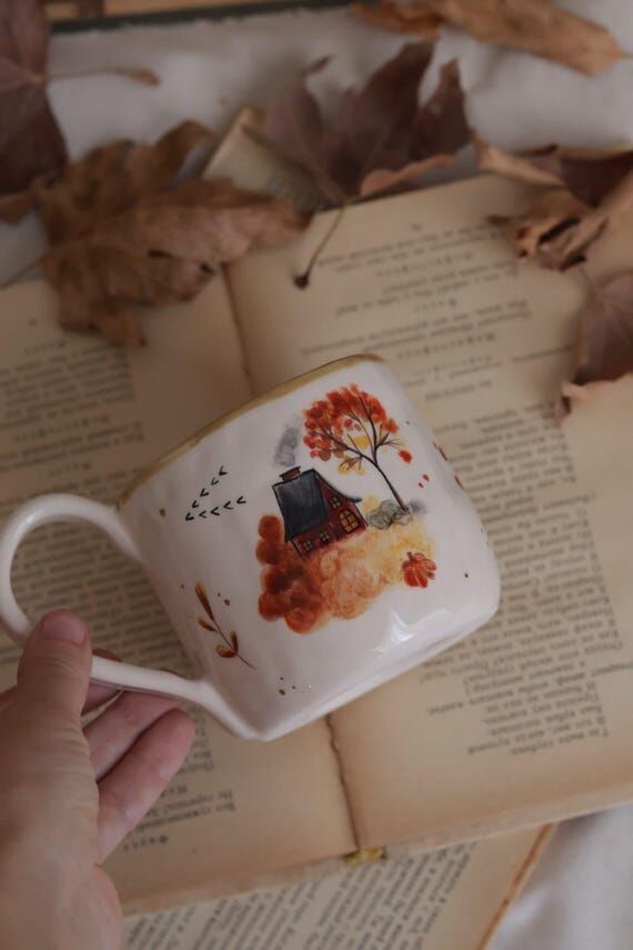 Handmade Autumn Cottage Mug 350ml, Cozy Cabin...
