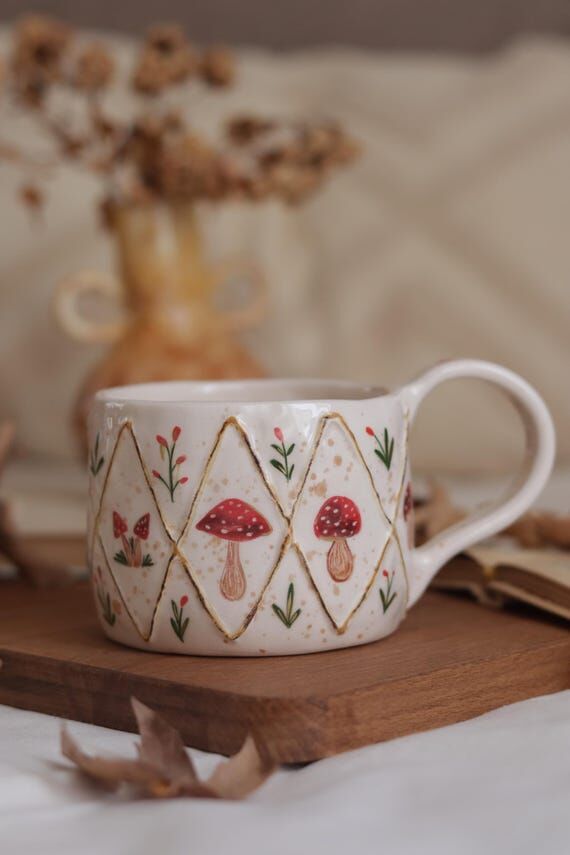 Handmade Mushroom Mug 350ml, Cottagecore Cera...