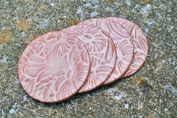 Pink Floral Ceramic Coasters, Handmade Botani...