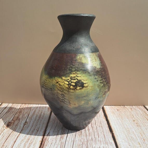 Hand-Coiled Pit-Fired Ceramic Vase with Yello...