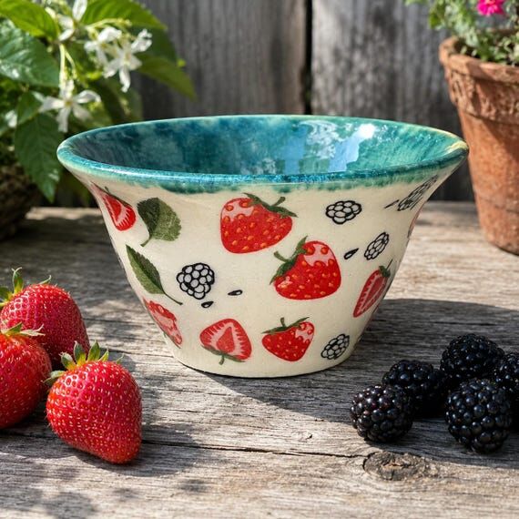 strawberries decor bowl, handcrafted pottery ...