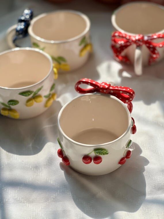 Handmade Cherry Mug with Bow Handle, Coquette...
