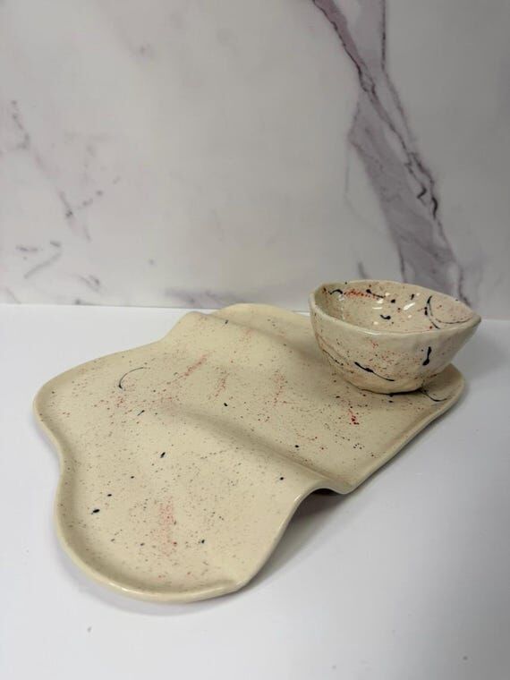 Handmade Ceramic Large White and Black Red S...