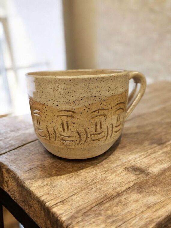 CARVED HAPPY WEAVE Handmade Ceramic mug, Whe...