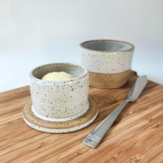 Handmade Pottery Butter Crock: Speckled Brown...