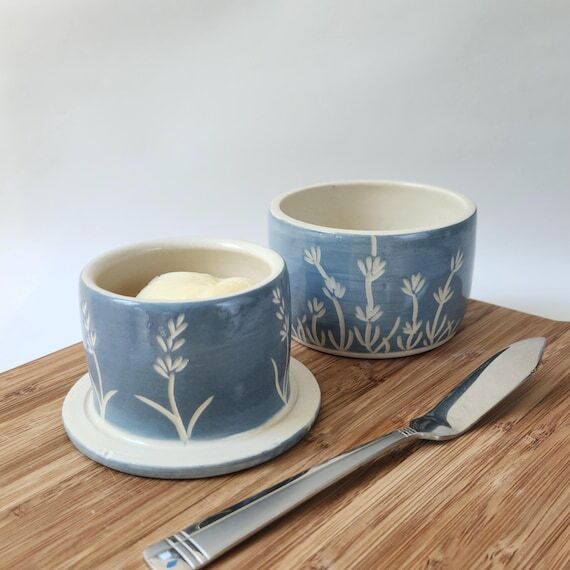 Handmade Pottery Butter Crock: Gray-Blue Cera...