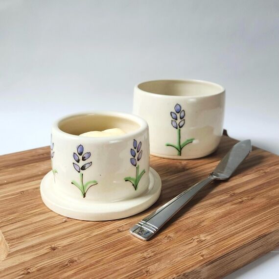 Handmade Lavender Flower Pottery Butter Crock...