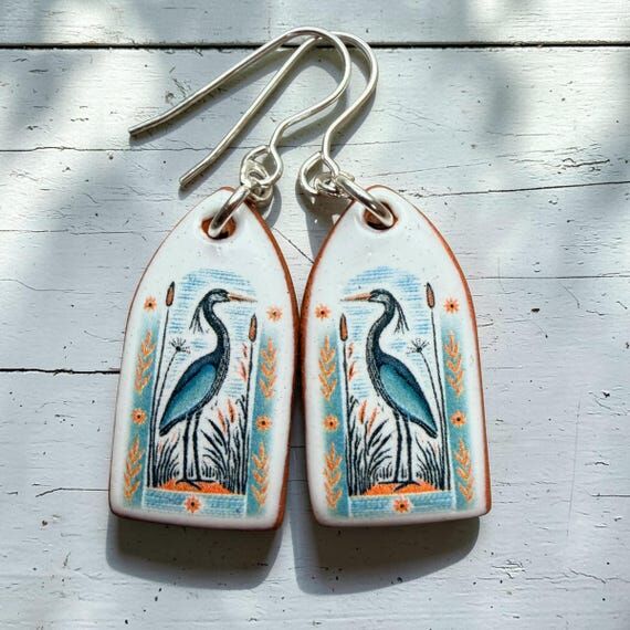 Handmade Heron Earrings: Terracotta Clay, Ste...