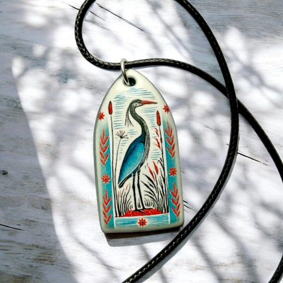 Handmade Ceramic Heron Pendant: Boho Folk Art...