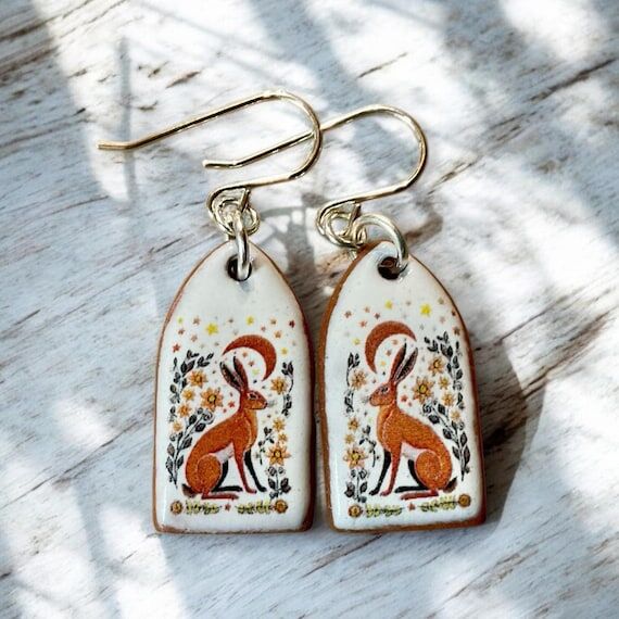 Handmade Hare Ceramic Earrings: Sterling Silv...