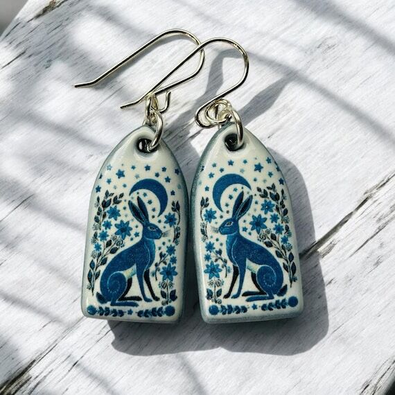 Handmade Hare Ceramic Earrings: Blue Clay Ste...
